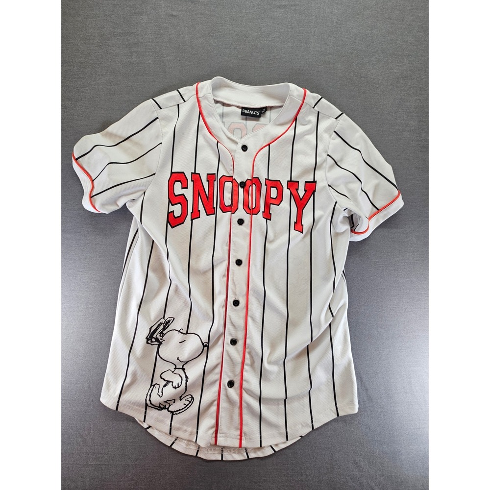 Peanuts Snoopy Pinstripe Baseball Jersey White Red Black Mesh Shirt Small
